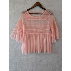 EUC Belle + Sky Blouse Womens Large Light Pink Sheer Fairy Colorful Lightweight